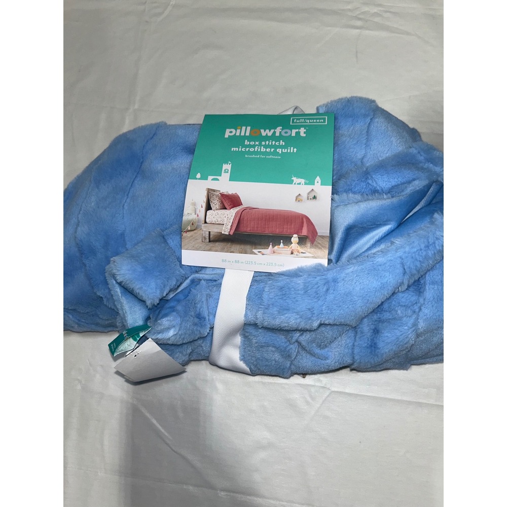 Pillowfort Blue Wave Full Queen Box Stitch Microfiber Quilt Brushed Softness NEW